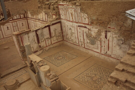 Ancient wealthy roman houses with wall paintings and mosaic floors at the terrace houses in Ephesus Turkey.