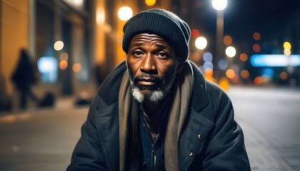 Black man kneeling on street sidewalk, begging for money, racialized homeless  man. - obrazy, fototapety, plakaty