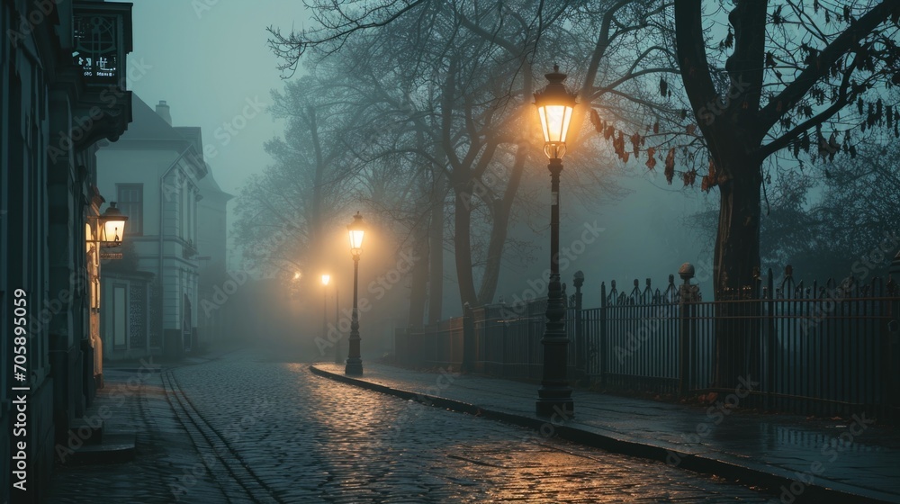 Poster a street light illuminating a foggy street. perfect for creating a mysterious and atmospheric ambian