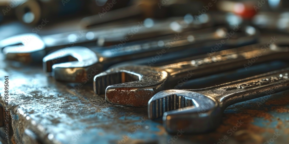 Poster A collection of wrenches neatly arranged on a table. Ideal for industrial and mechanical concepts