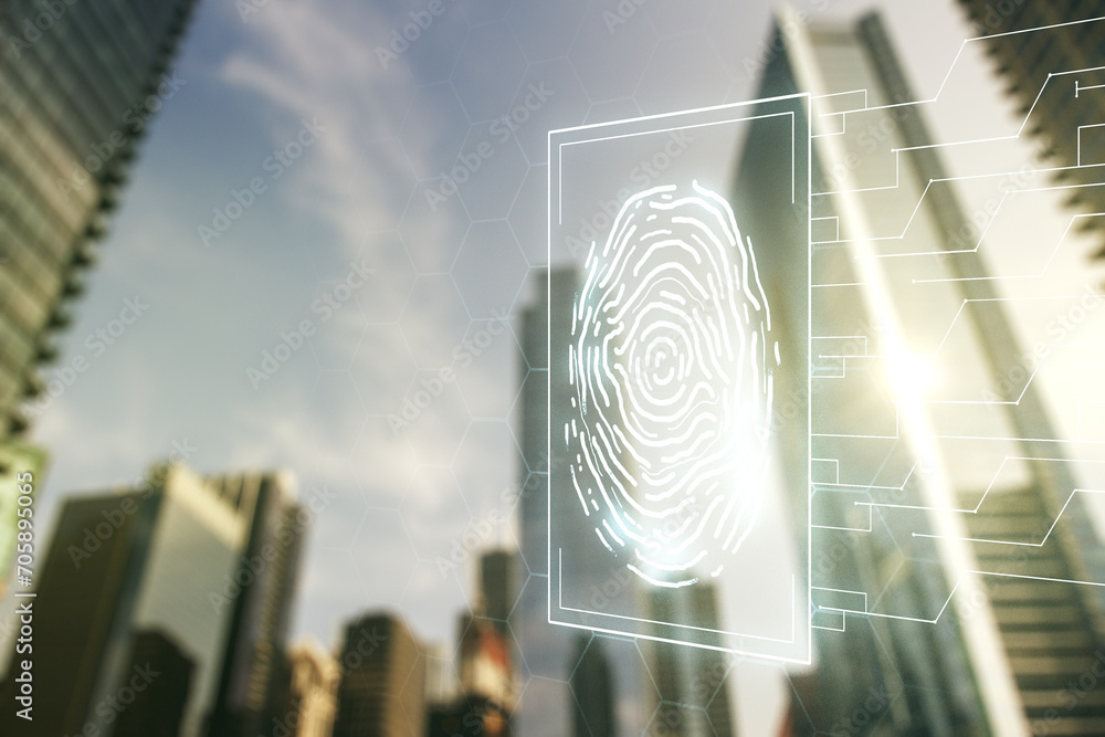 Leinwandbilder multi exposure of virtual fingerprint scan interface on blurry cityscape background, digital access 