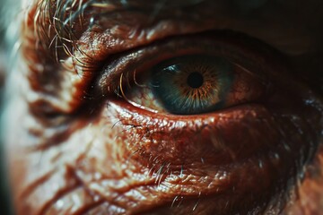 A detailed close-up of a person's eye with visible wrinkles. This image can be used to depict aging, wisdom, or the effects of time on the human body