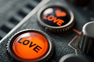 Fotobehang Vibrant control button with the word "LOVE" embossed in bold letters affixed to a weathered industrial panel, symbolizing the power and urgency of love. Valentines concepts. © Fokasu Art