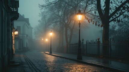 A street light illuminating a foggy street. Perfect for creating a mysterious and atmospheric ambiance. Ideal for use in urban or night scenes