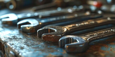 A collection of wrenches neatly arranged on a table. Ideal for industrial and mechanical concepts