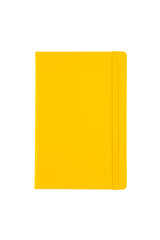 Yellow paper notebook planner isolated on transparent png background. Design template of copybook with elastic band for mockup. Top view.