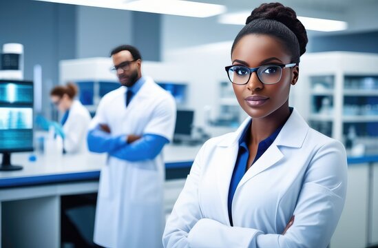 Beautiful, young dark-skinned female scientist, wearing a white coat and glasses, in a modern medical scientific laboratory, with a team of specialists in the background
