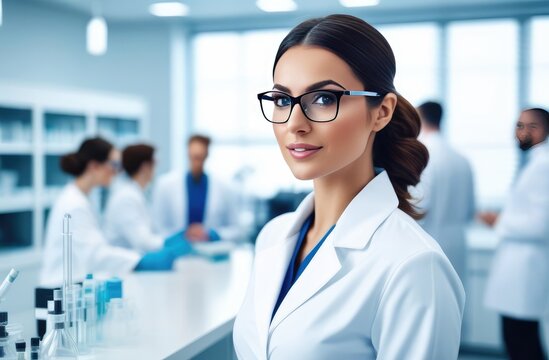 A beautiful young Asian, a woman-scientist, dressed in a white medical robe and glasses, in a modern medical scientific laboratory, with a team of specialists in the background.