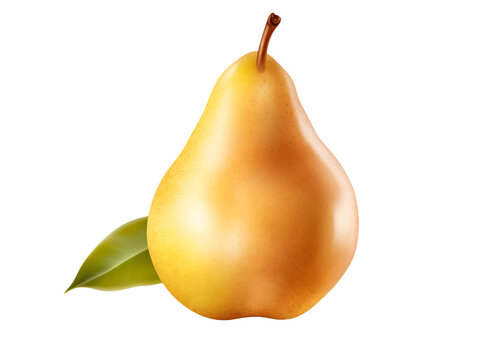 a yellow pear with green leaves