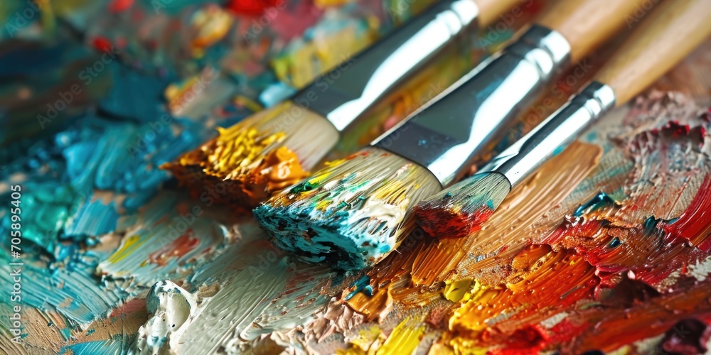 Poster a detailed close-up of a paintbrush resting on a palette. this image can be used for various creativ