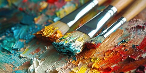 A detailed close-up of a paintbrush resting on a palette. This image can be used for various creative projects