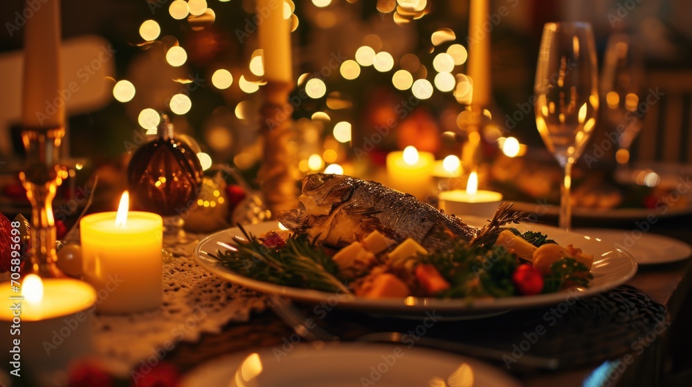 Poster a table set for dinner with a plate of food and lit candles. suitable for various dining-related the