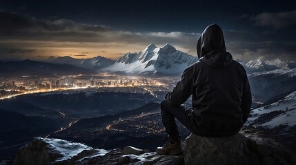 Man in black hooded hat sitting on a rock and looking the city lights from top of mountain in cold snowy weather created with generative ai	