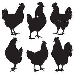A black silhouette Chicken set, Clipart on a white Background, Simple and Clean design, simplistic - obrazy, fototapety, plakaty