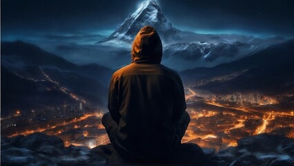 Man in black hooded hat sitting on a rock and looking the city lights from top of mountain in cold snowy weather created with generative ai	
