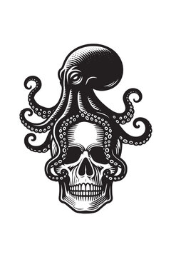 Black octopus on the skull. Beautiful vintage engraving illustration, emblem, icon, logo, tattoo sketch. Black lines	