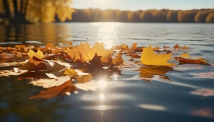 Autumn leaves fall on the calm water of a lake, natural background.