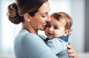 mother and baby. A smiling child hugs his mother. The concept is the joy of motherhood.