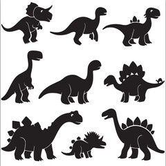 A black silhouette Dinosaur set, Clipart on a white Background, Simple and Clean design, simplistic