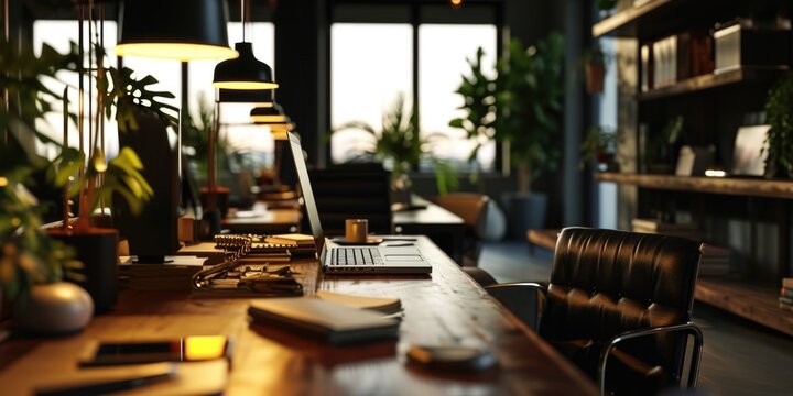 A wooden desk with a laptop on it. Perfect for office and technology-related projects