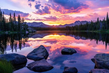 A colorful sunset over a serene mountain lake