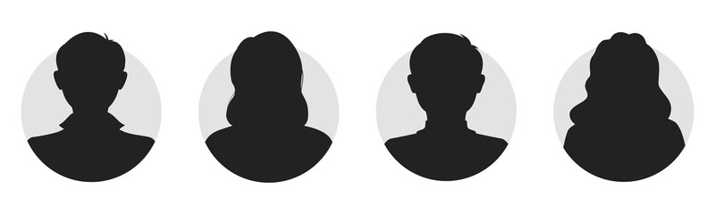 Male and female portraits, silhouettes, avatars or profiles for unknown anonymous persons. Man, woman, people. Black and white vector illustration. All objects are isolated - obrazy, fototapety, plakaty