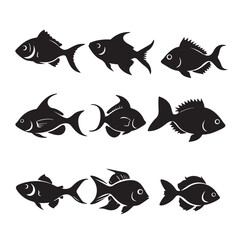 A black silhouette Fish set, Clipart on a white Background, Simple and Clean design, simplistic