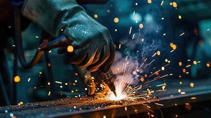 A welder at work. Photo with space for text. Close view.