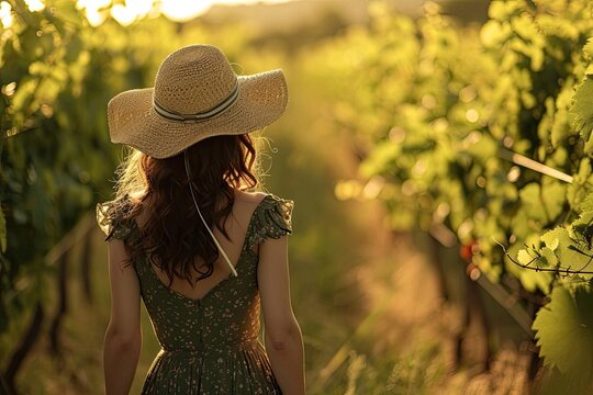 Amidst a rustic vineyard A woman in a vintage sun hat and summer dress embodies the timeless beauty of the countryside