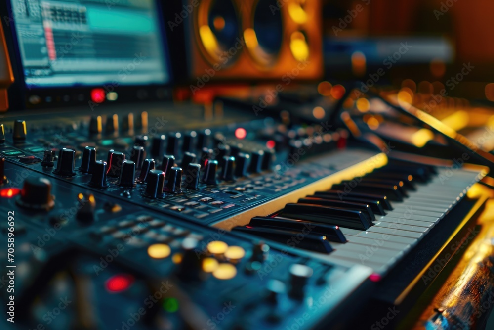Poster A detailed close-up of a keyboard in a recording studio. Perfect for music production and audio recording projects