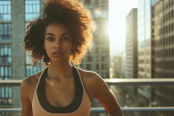 Female model in athletic wear pauses during a city run Her figure framed by the urban landscape A fusion of fitness and city life