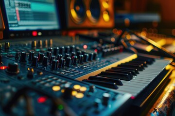 A detailed close-up of a keyboard in a recording studio. Perfect for music production and audio recording projects