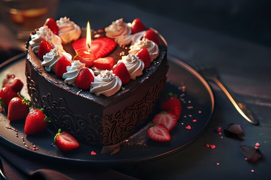 Heart cake chocolate  with strawberry illustration generated ai