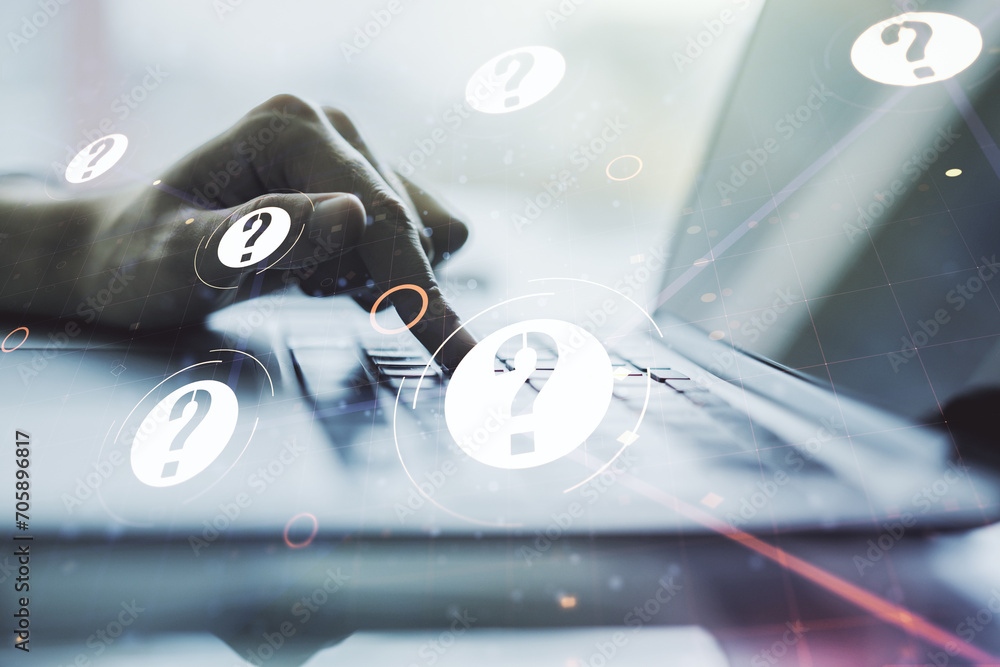 Aufkleber creative concept of question mark illustration and hands typing on laptop on background. faq and sea
