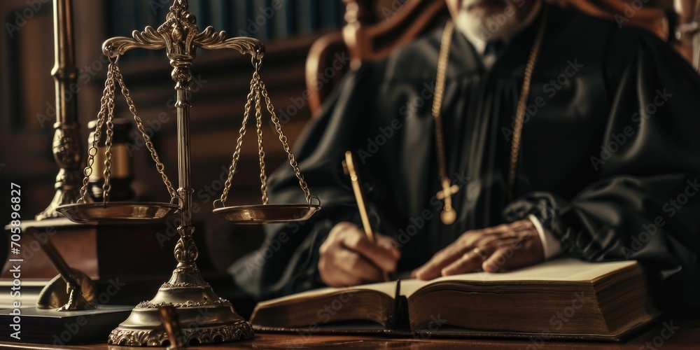 Aufkleber a man sitting at a table with a book and a scale of justice. this image can be used to represent con