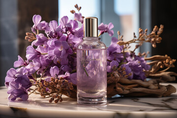 Obraz na płótnie Canvas Face toner in an amber glass bottle, a modern marble background in white and pink tones, with lavender flowers