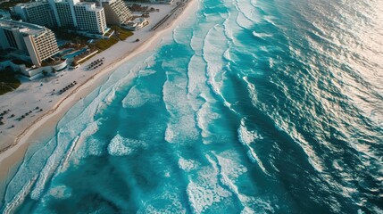 A stunning aerial view showcasing a beautiful beach and a vibrant city. Perfect for travel brochures or websites looking to capture the essence of a beachside cityscape.