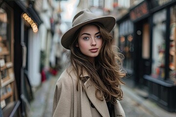 Obraz premium In a quaint village street A female model in a vintage outfit and hat captures the essence of rustic charm and timeless style