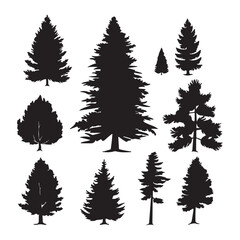 A black silhouette Pine set, Clipart on a white Background, Simple and Clean design, simplistic