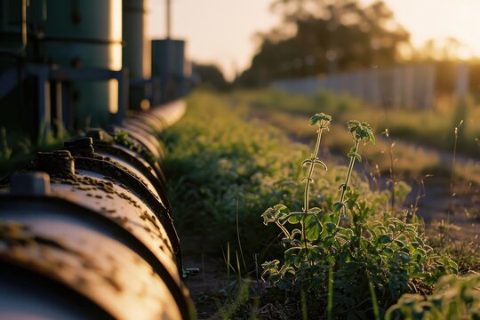 A pipe with plants growing out of it. Perfect for illustrating urban gardening or the concept of nature reclaiming man-made structures