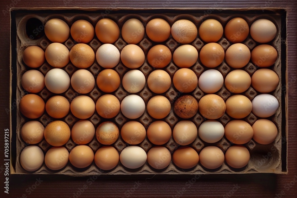 Poster chicken eggs in a cardboard box with a wooden background. top view. eggs in an egg box as a backgrou