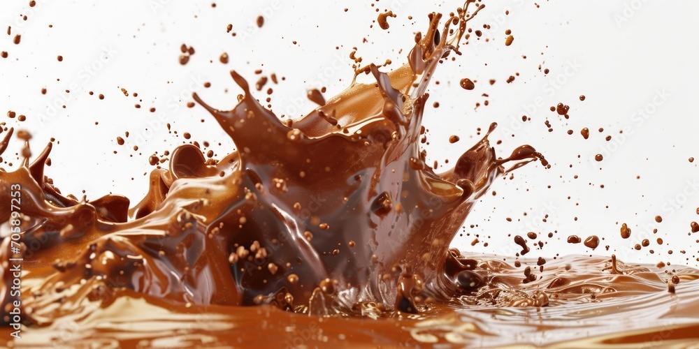 Poster a visually appealing image of a chocolate splash on a clean white surface. perfect for food and dess
