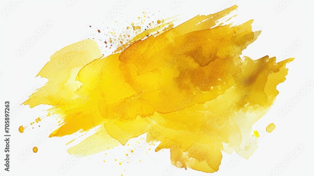 Poster close up of a vibrant yellow watercolor stain on a clean white background. perfect for adding a pop 