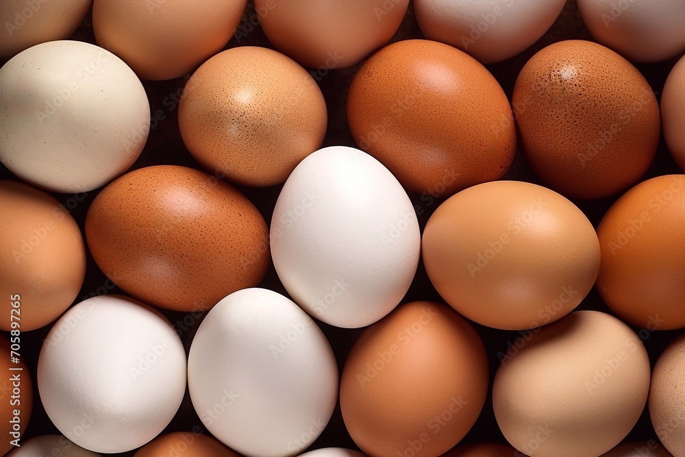 Poster eggs background. top view of many eggs. food background. eggs background. top view of brown and whit