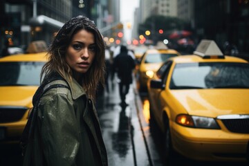A woman in the traffic of a big city with some taxis.