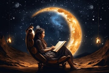 A woman sits in an armchair under the moon with a book.