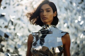 A woman wearing a dress made of mirror shards.