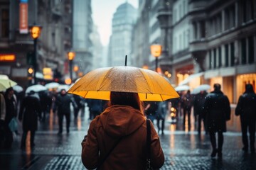 A woman with an umbrella in a busy city on a rainy day.