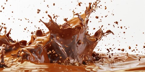 A visually appealing image of a chocolate splash on a clean white surface. Perfect for food and dessert related projects