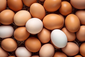 White and brown chicken eggs on a straw background. Top view.
